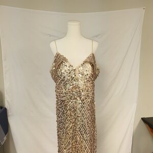 CACHET Like New Elegant Gold Evening Gown Dress Sequin Off Shoulder 14